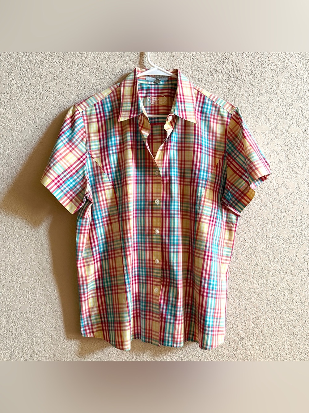 Foxcroft Women's 16 Multicolor Plaid Short Sleeve Button Up Shirt Wrinkle Free